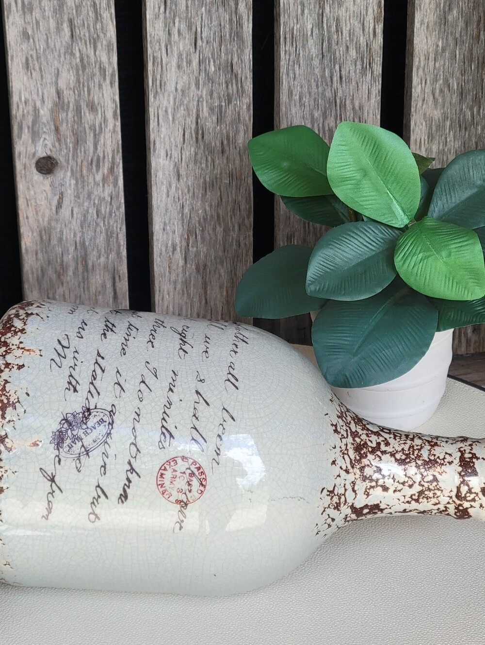 Deco 79 Vintage Script Ceramic Bottle Vase in Cream and Brown - Picture 6 of 7